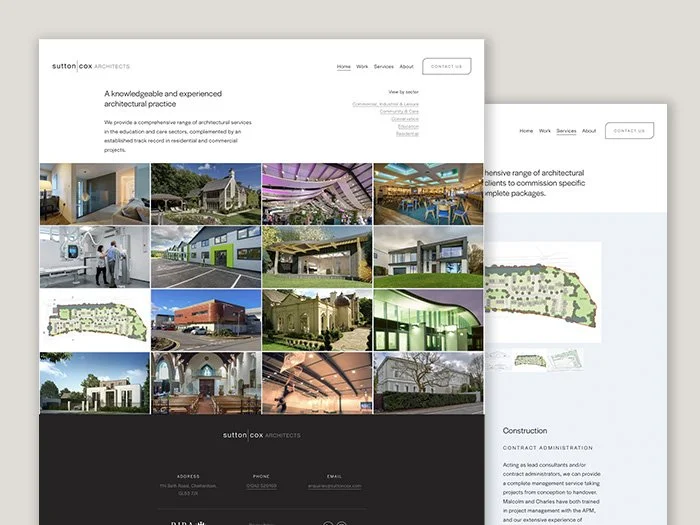 Website screenshot for Sutton Cox Architects showing portfolio images of architectural projects, with menus for Home, Work, Services, About, and Contact Us.