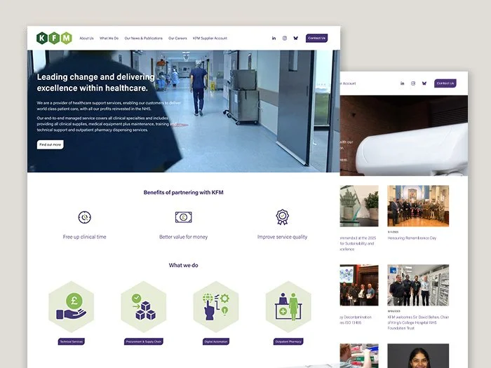 Homepage of KFM healthcare website showing hospital corridor, navigation menu, and sections highlighting healthcare services and benefits.