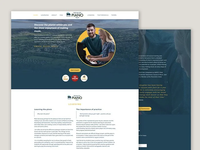 Homepage of a website called 'The Valley's Piano'. The header includes navigation links: Home, Learning, About, FAQ, Lessons, Testimonials, Terms. The main section shows a smiling man with a beard and a young girl, both looking at a tablet, within a yellow circle over a scenic landscape background. Text on the page promotes discovering the pianist within and enjoying music. There is a yellow 'Get in touch' button, and below, a section titled 'Learning' with articles on 'Learning the piano' and 'The importance of practice.'
