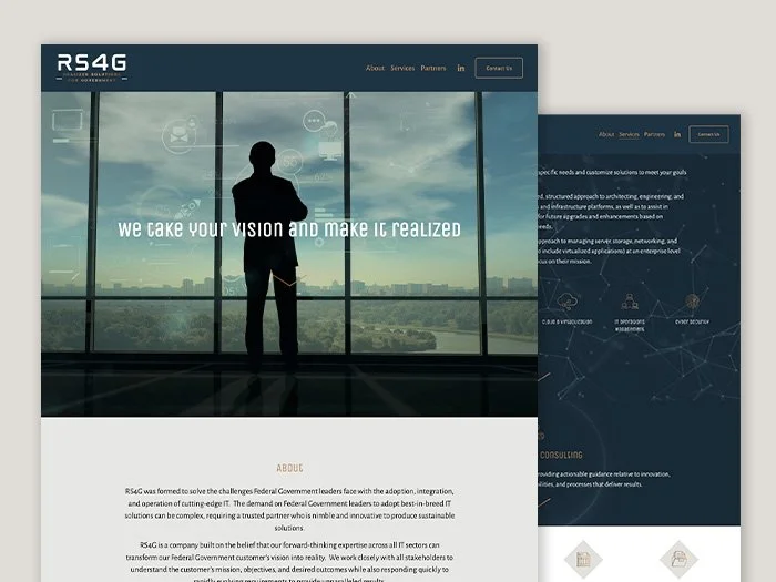 A person standing in front of large windows overlooking a cityscape during daytime, with a digital overlay of icons and the text 'We take your vision and make it realized' on the screen. The webpage belongs to RS4G, a consulting company.