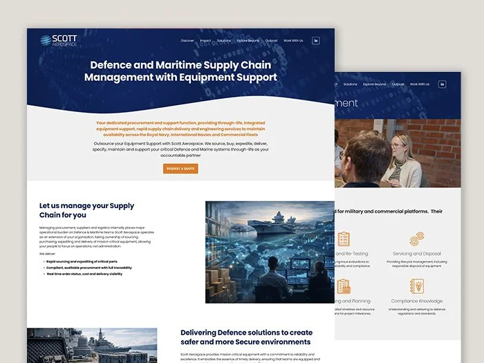 Screenshot of website designs produced for 'Scott Aerospace', displaying services related to defence and maritime supply chain management with equipment support, featuring a navy ship, a digital network graphic, and a business meeting.