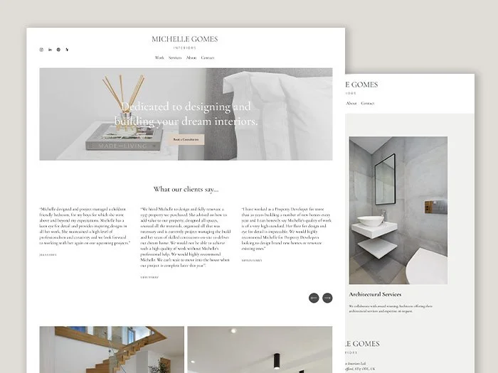Screenshots of a website for 'Michelle Gomes Interiors', displaying home interior designs, furniture, and architectural services.