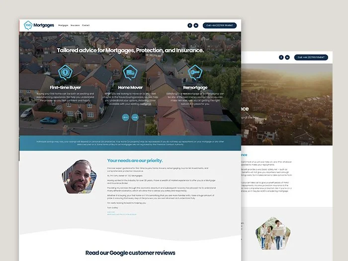 Screenshot of a mortgage website with a header 'Tailored advice for Mortgages, Protection, and Insurance' showing icons for First-time Buyer, Home Mover, and Remortgage, over aerial view of a residential neighborhood, and a section with a man's photo and text about customer priorities.