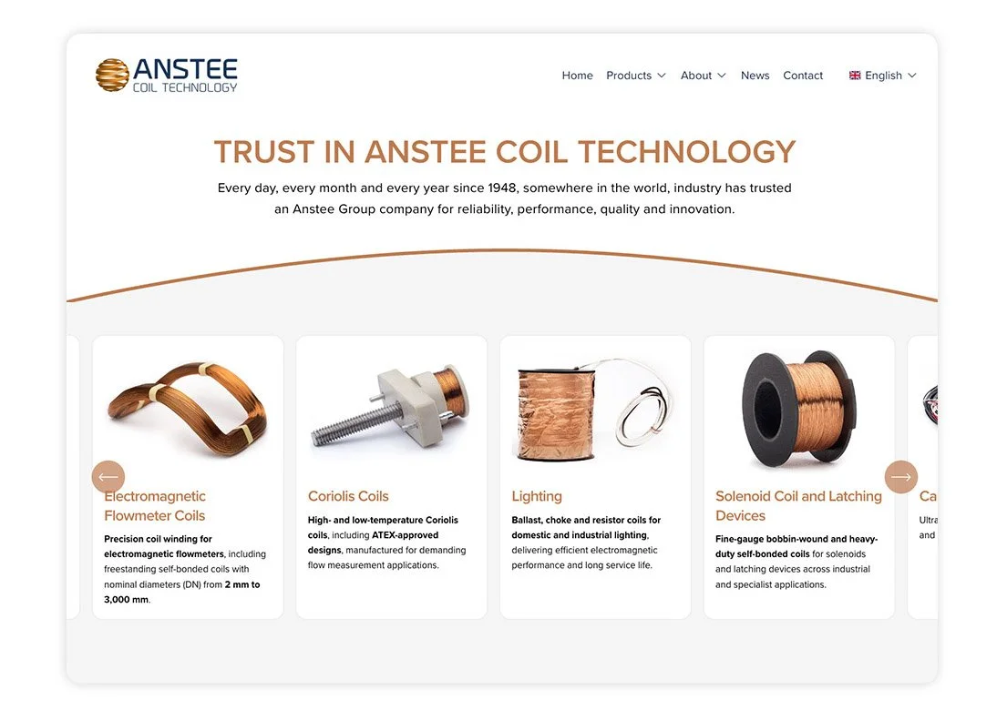 Website & branding for Anstee Coil Technology, a global leader in electromagnetic coils.