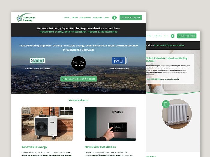 Screen showing a website for Star Green Heating, a renewable energy and boiler installation company. The page features company information, certifications, contact details, and images of heating and boiler equipment.