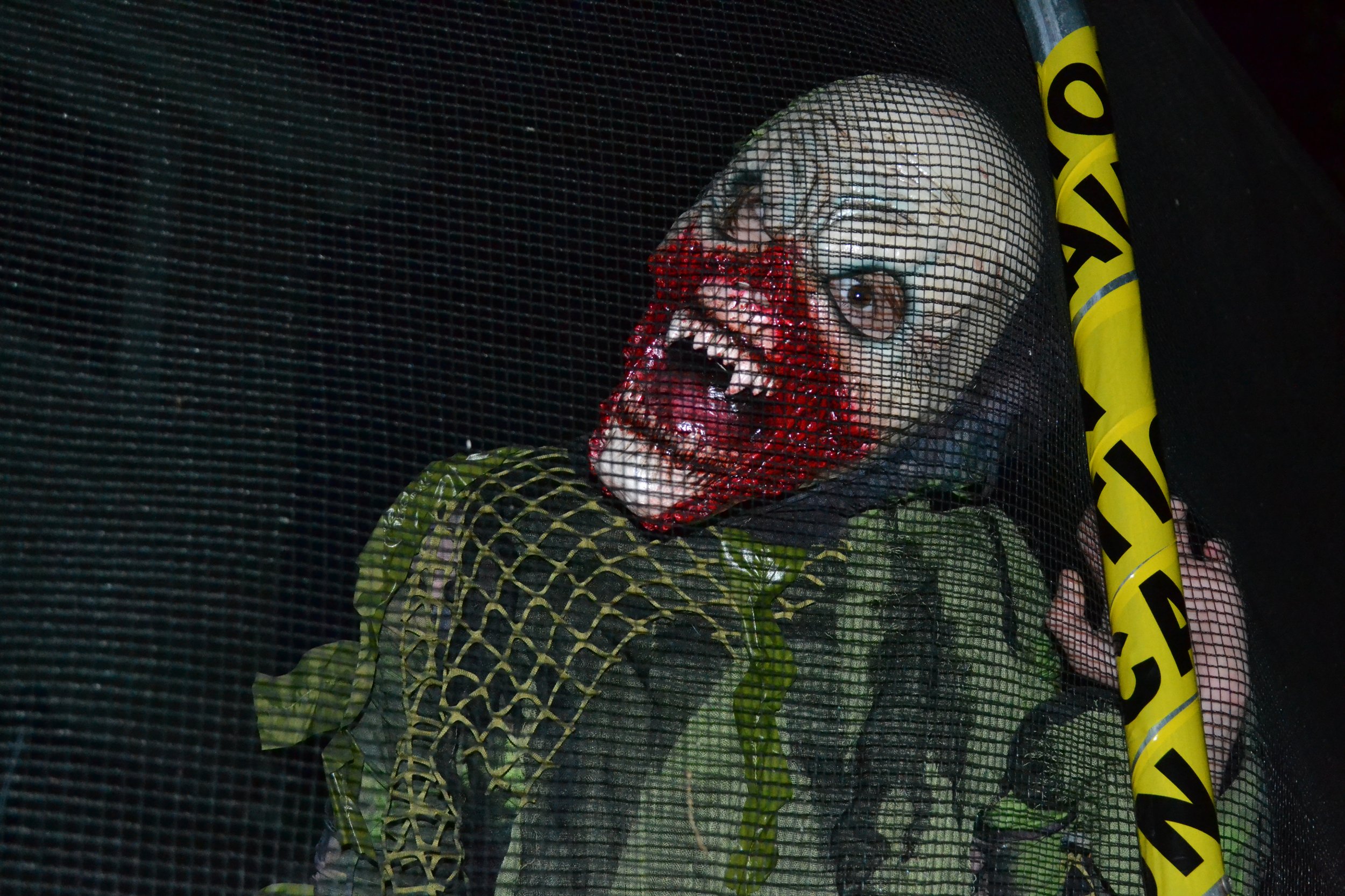 A Halloween display featuring a life-sized zombie head with gray hair, exposed brain, and a red bloody wound, behind a black mesh screen with yellow caution tape.