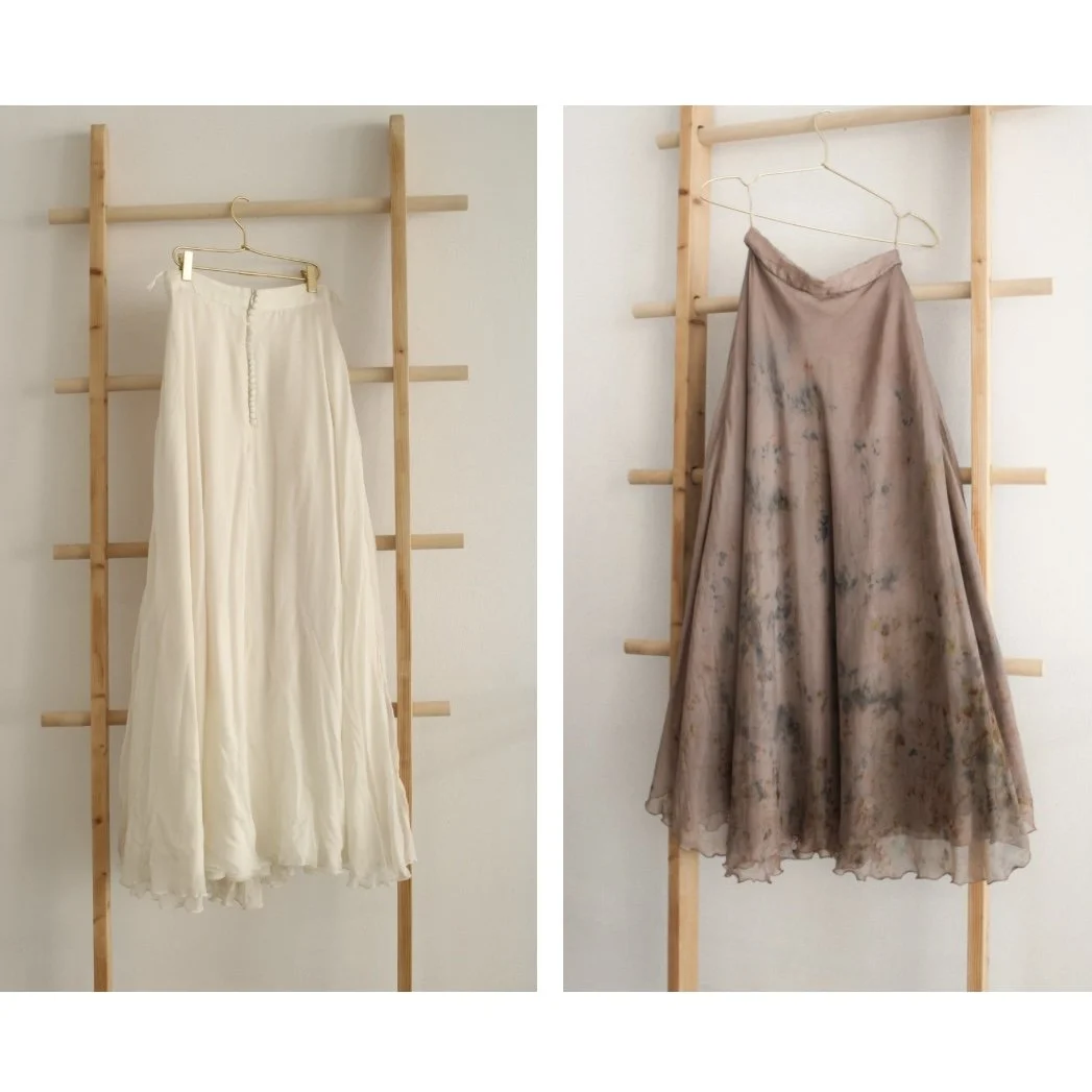 Bridal silk skirt upcycled with rose petals & avocado pits