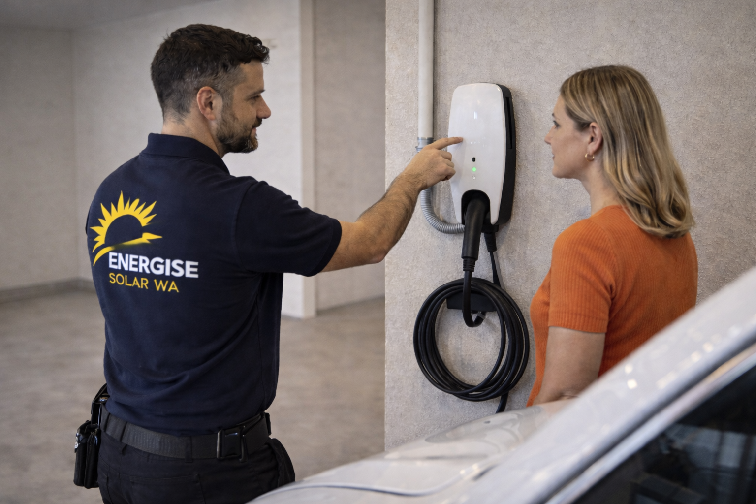 A man in a navy shirt with a yellow sun logo and text 'Energise Solar WA' explains an electric vehicle charging station to a woman in an orange shirt.