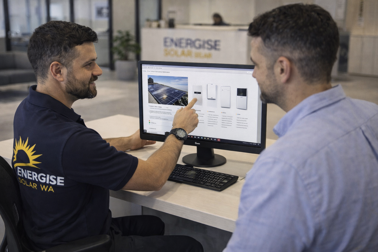 Two men discussing solar products at a computer in an indoor office, with one pointing at the screen showing various solar panels and equipment.