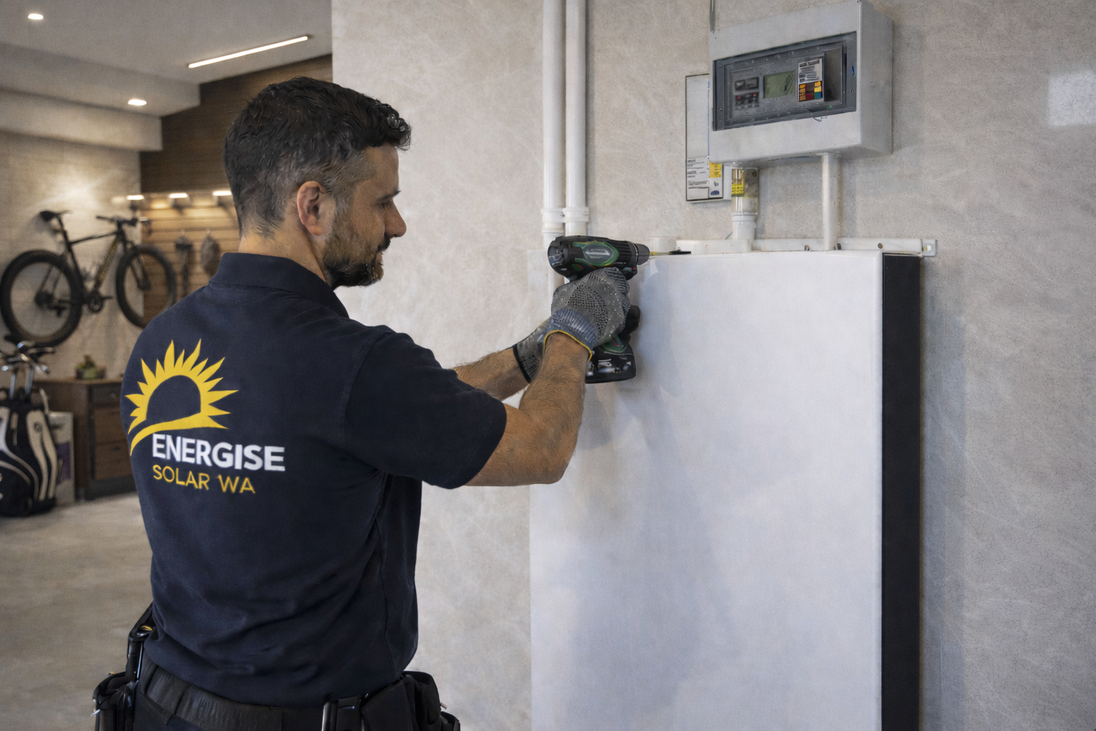 A technician wearing a black shirt with the logo 'ENERGISE SOLAR WA' installs or maintains an electrical panel or control box on a beige wall in a room that appears to be a modern indoor space with bicycles in the background.