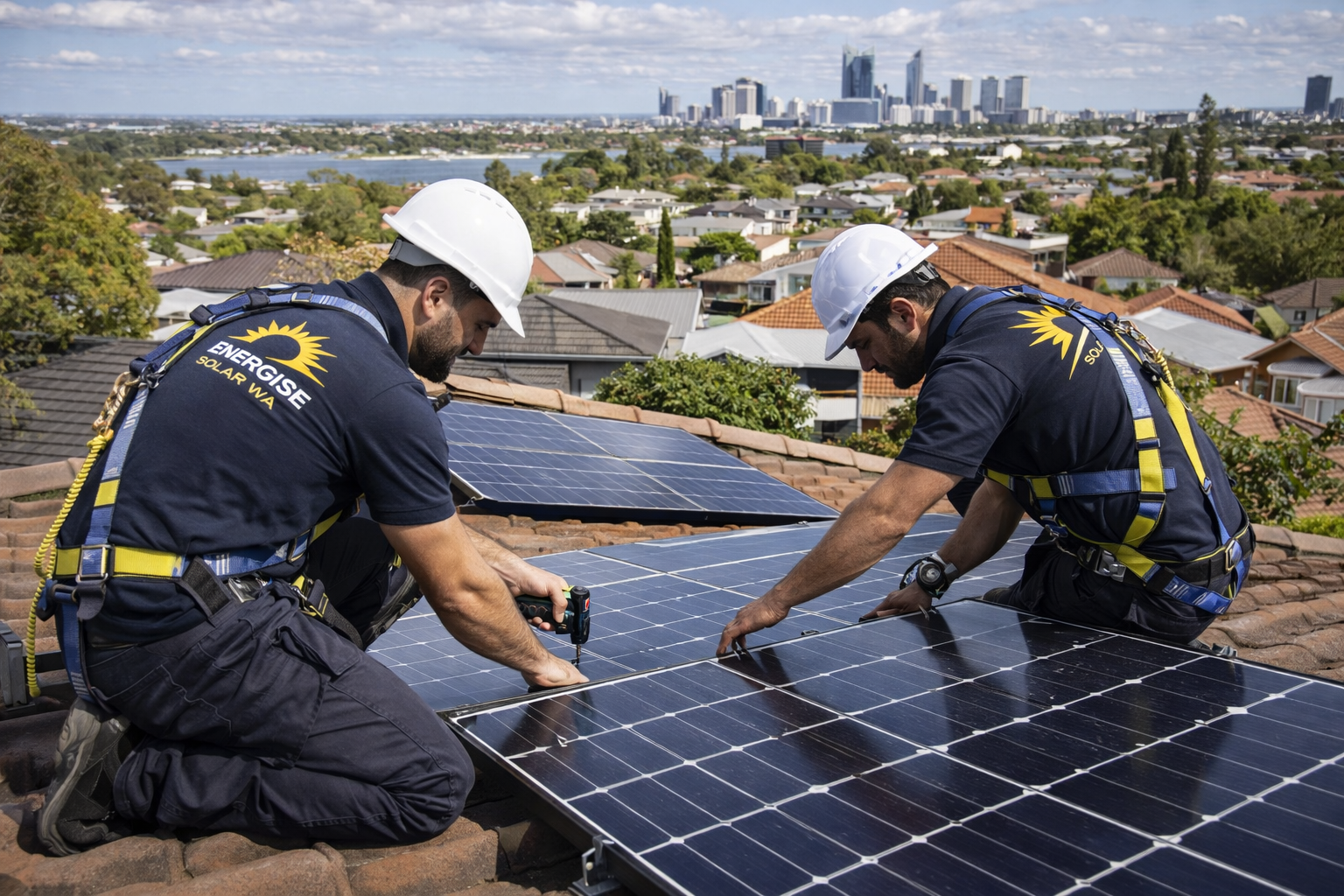 Two solar technicians installing solar panels on a rooftop in an urban neighborhood with a city skyline in the background.