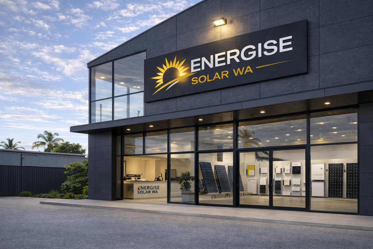 Exterior view of a modern building with large glass windows displaying solar power equipment inside, and a sign reading 'Energise Solar WA' with a sun logo.