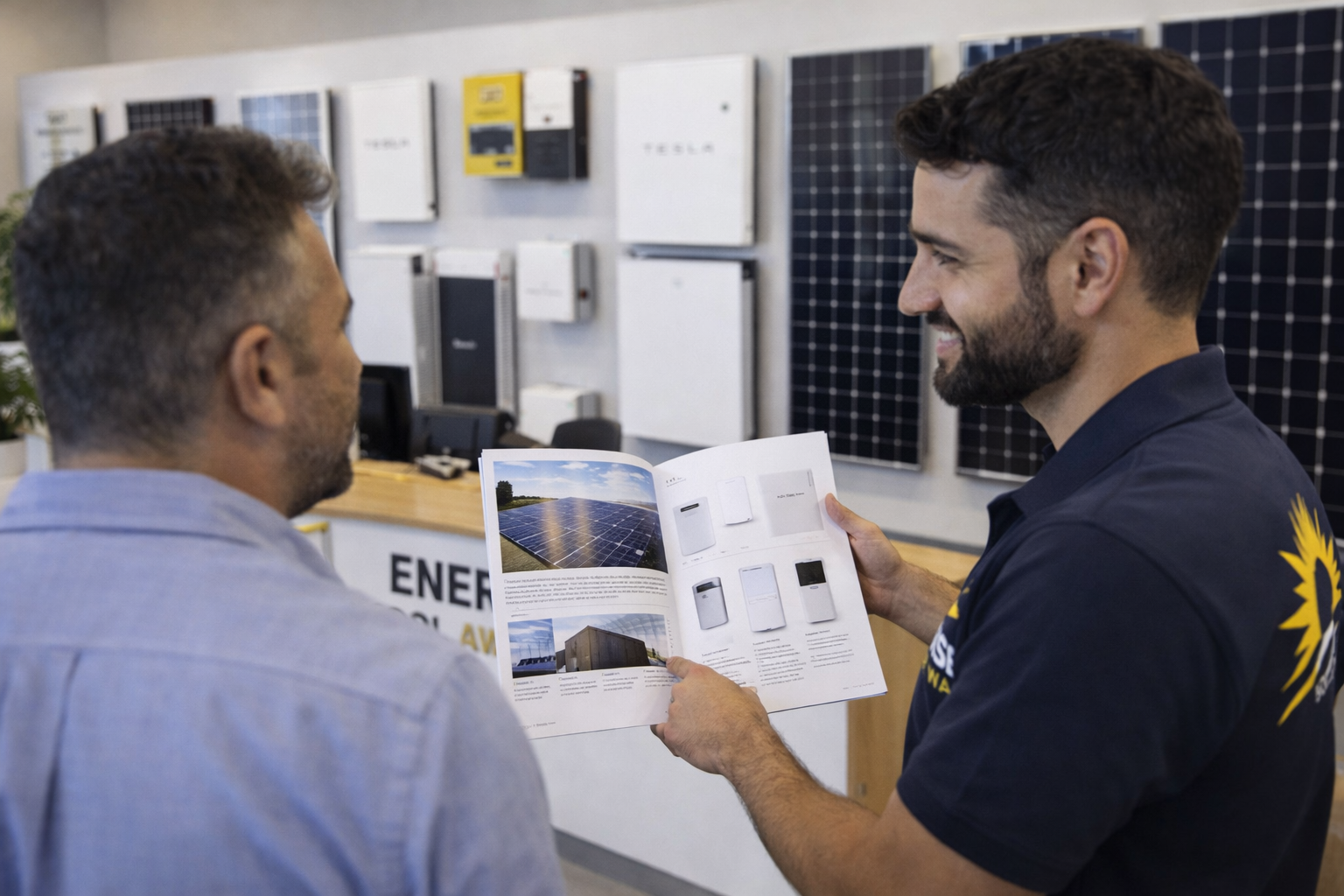 Two men in a store discussing solar panels and energy products, with solar panels displayed on the wall behind them.