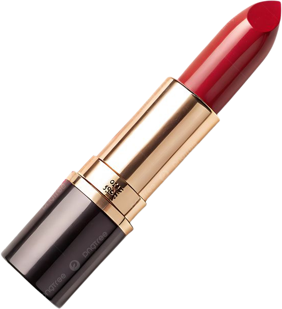 A lipstick with a gold and black case, featuring a red lipstick bullet.