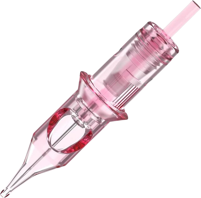 Close-up of a pink tattoo needle with a transparent handle.