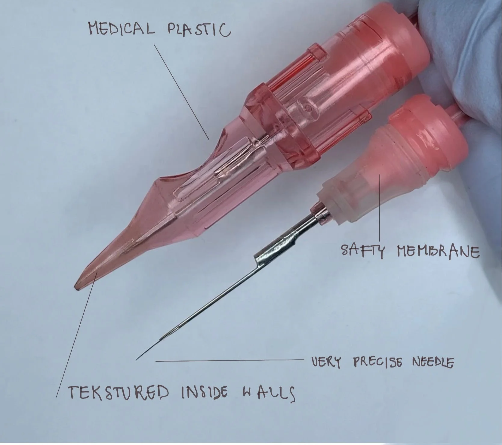 Close-up of a medical plastic device with a very precise needle and textured inside walls, labeled with annotations for medical plastic, safety membrane, and textured inside walls.