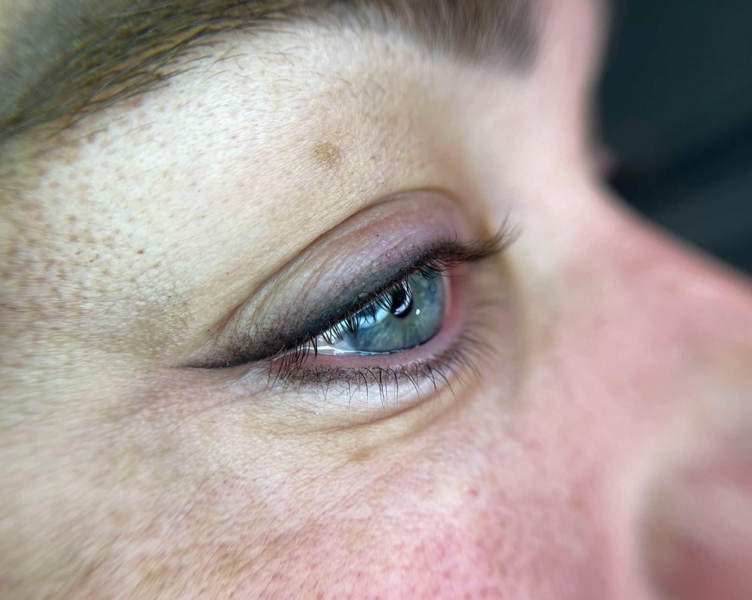 Close-up of a person's eye with blue iris, eye makeup, and fair skin with freckles.