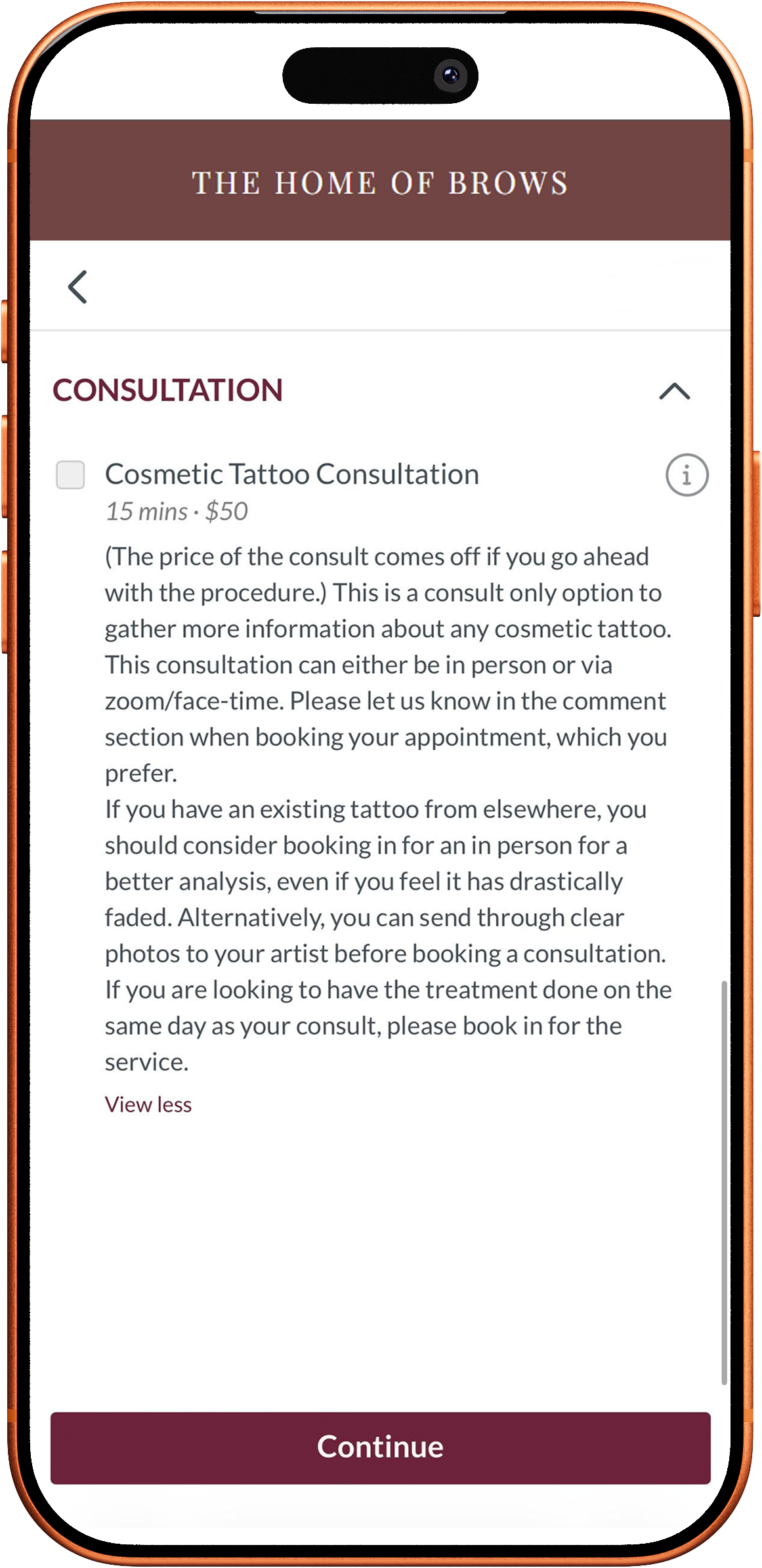 Mobile phone screen displaying a webpage titled 'The Home of Brows' with a consultation section offering a cosmetic tattoo consultation for $50, details about booking, and a 'Continue' button at the bottom.