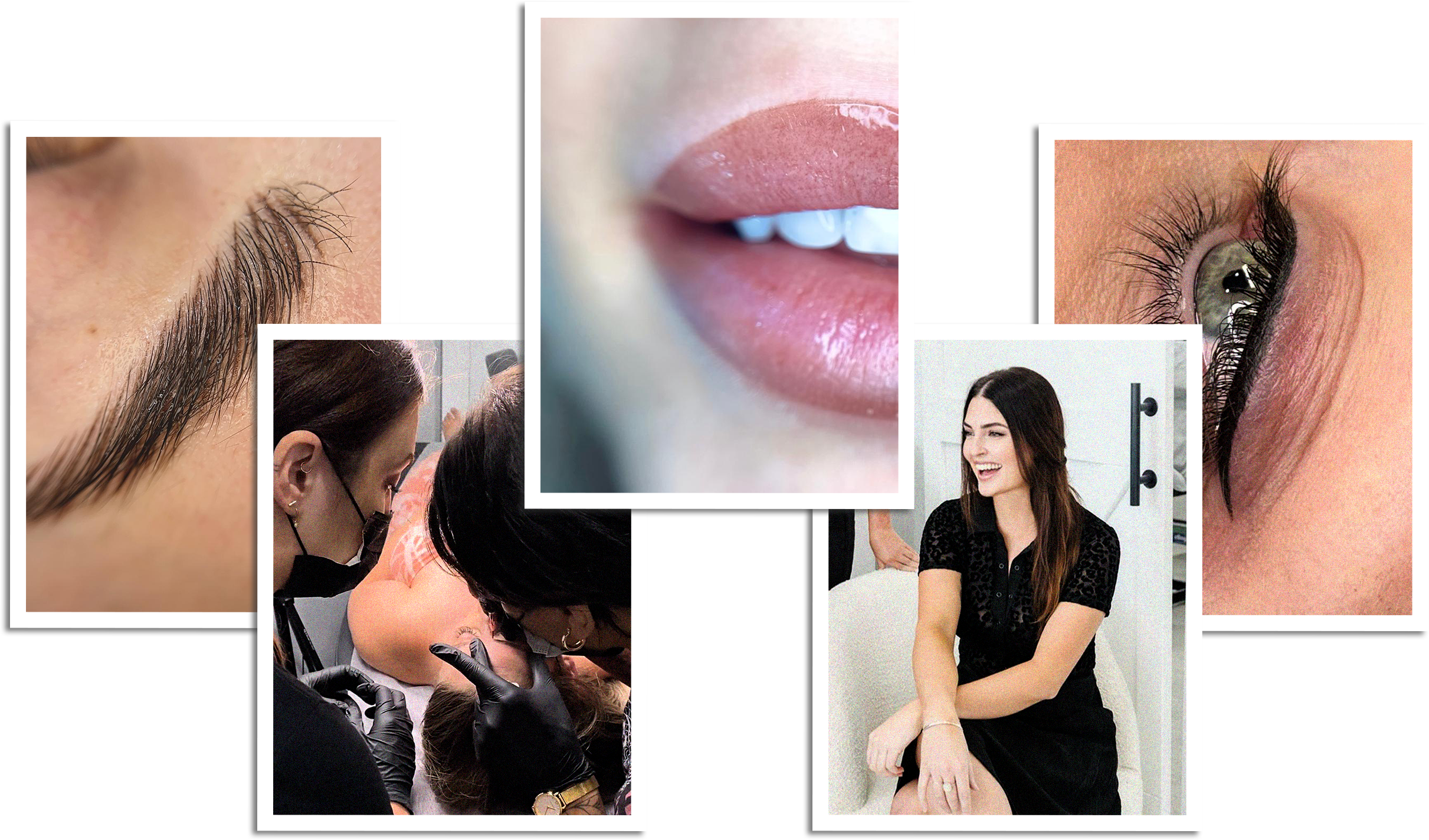 A collage of images showcasing beauty features, including close-up eyes with makeup, lips, and eyebrows, a woman smiling with long dark hair, and a person receiving a cosmetic treatment on the face in a clinical setting.