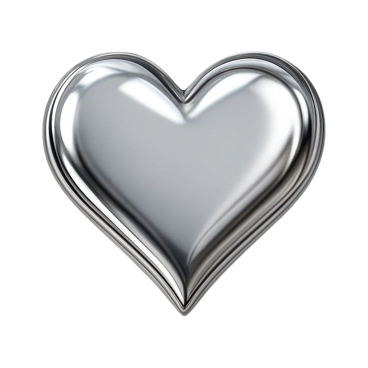 A silver metallic heart-shaped object with a shiny, reflective surface.