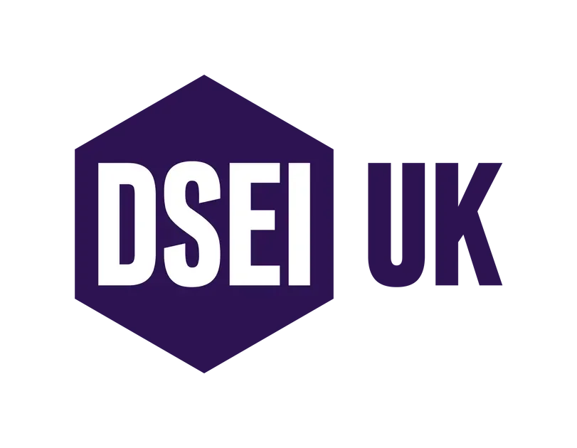 DSEI UK logo with purple hexagon and text.