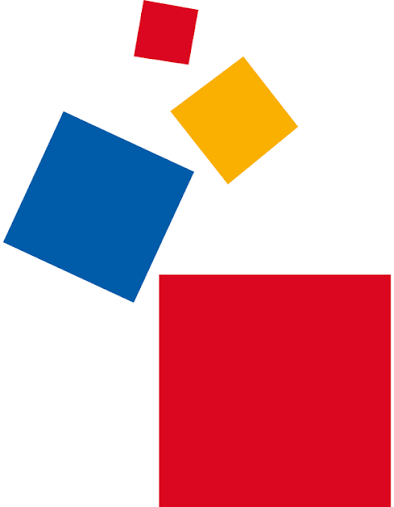 Four colorful squares in red, blue, yellow, and red, arranged on a white background.