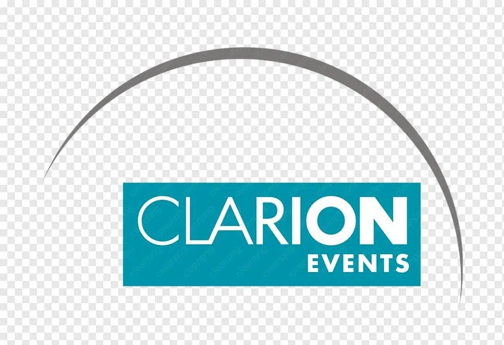 Logo of Clarion Events with a curved gray line above and a blue rectangle with white text