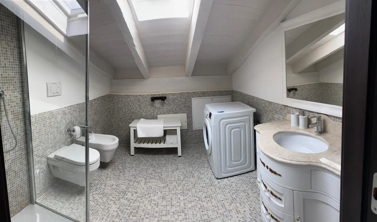 A modern bathroom in an attic with sloped ceilings and skylights, featuring a shower area, a bidet and toilet, a laundry machine, a small white bench, and a white vanity with a sink and mirror.