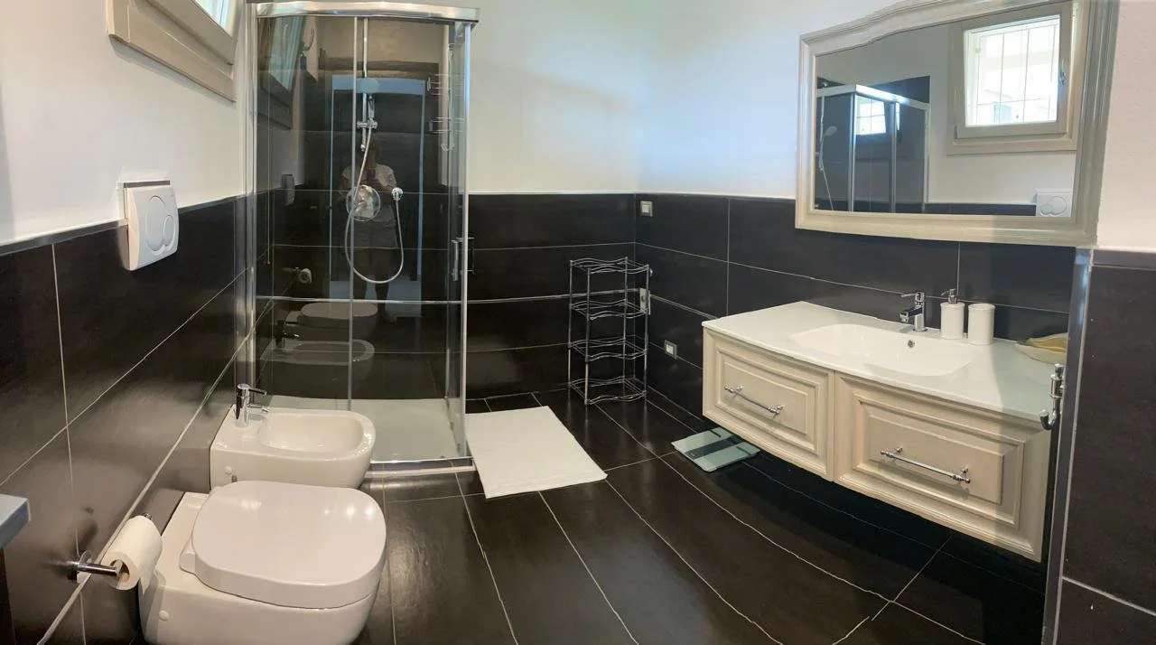 Bathroom with black and white tiles, shower with glass door, white sink vanity, toilet, bidet, and mirror.