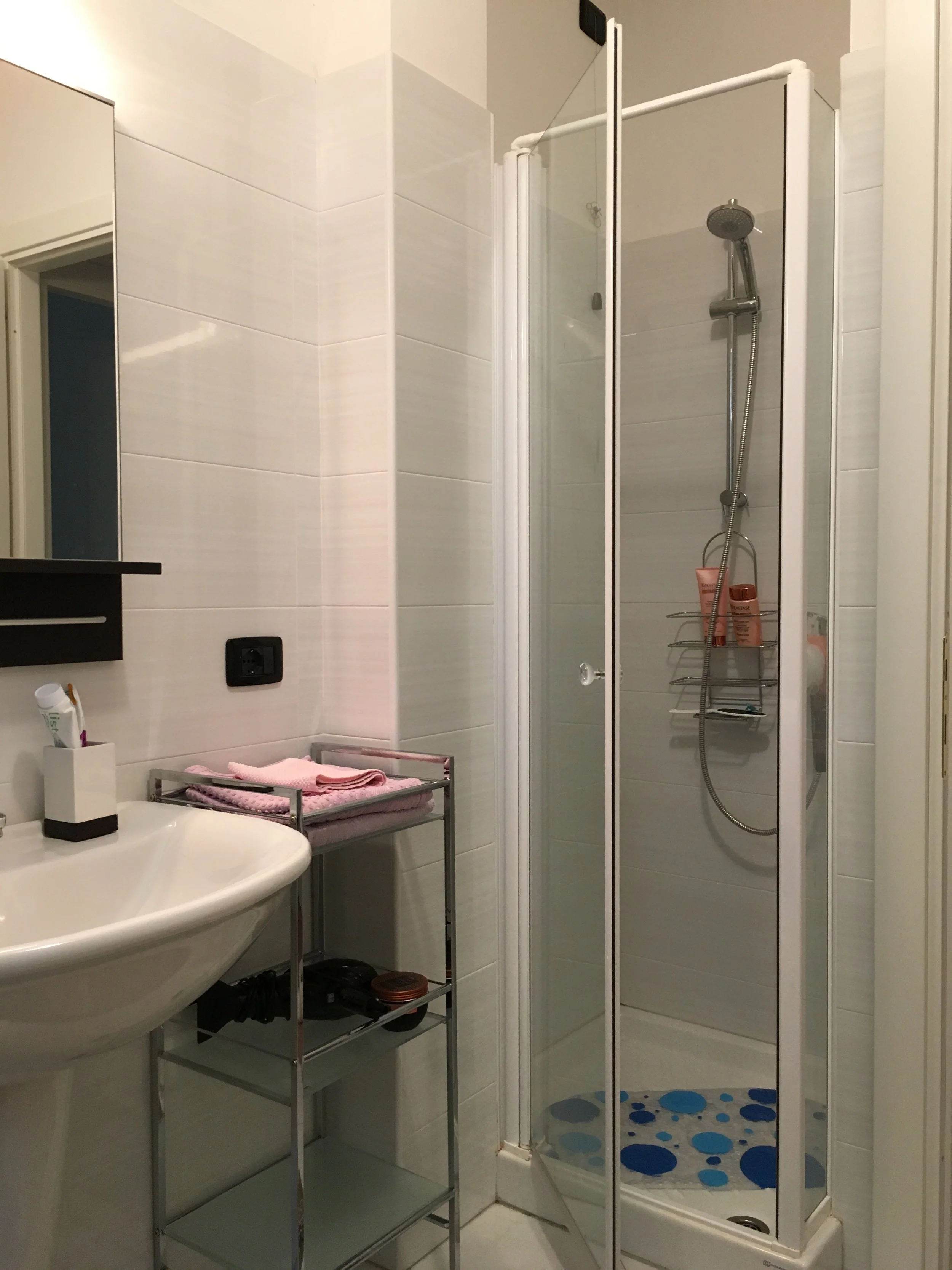 Small bathroom with a corner shower stall, a sink with a mirror, and a metal shelf holding towels and toiletries.