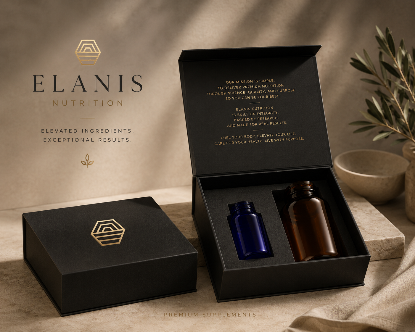 Open black box with blue and amber supplement bottles inside, next to a closed black box with a gold logo, set on a beige surface with a plant and bowls in the background.