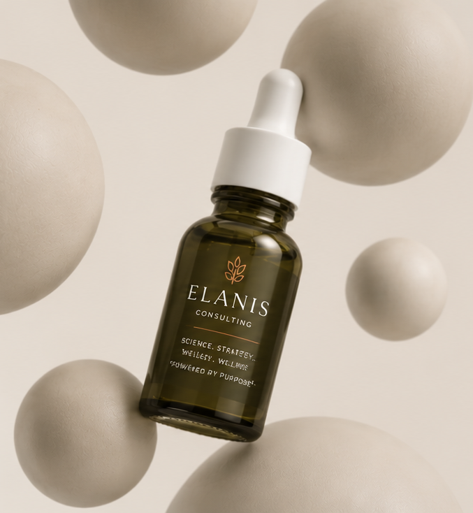 A green glass dropper bottle labeled 'ELANIS CONSULTING' with a white dropper cap, surrounded by white spherical objects.