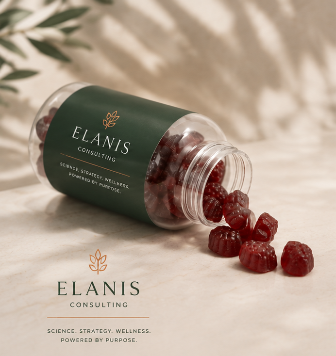 A clear plastic jar of red gummy bears with a green label that reads "ELANIS Consulting". The jar is tipped over, spilling some gummy bears onto a marble surface. The background has soft lighting and a plant shadow.