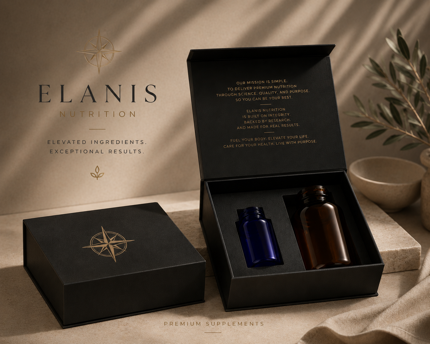 Box of ELANIS Nutrition supplements with two bottles, one blue and one amber, on a beige surface with a plant and bowls nearby.