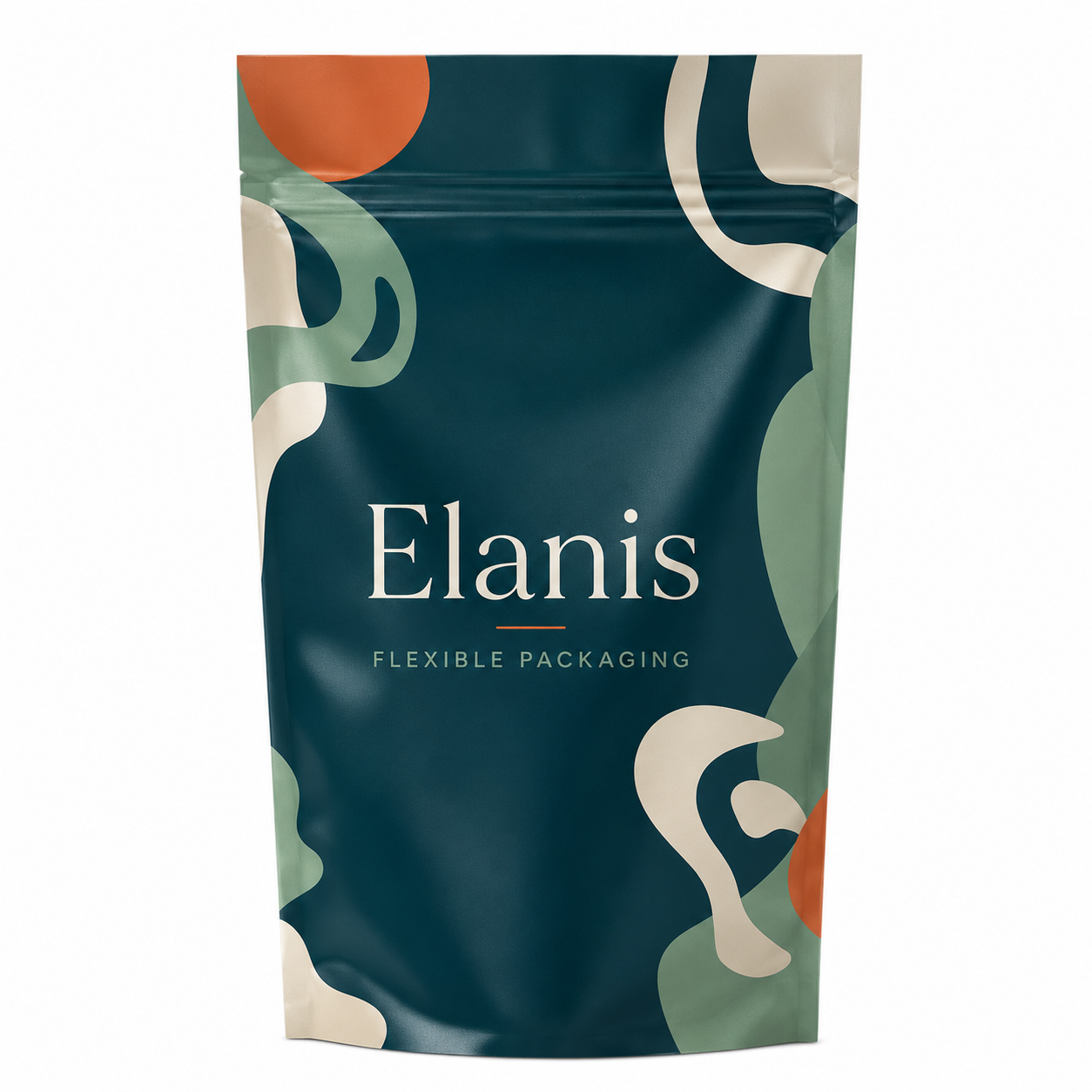 A standing package of Elanis flexible packaging with a dark teal background and abstract green, white, and orange shapes.
