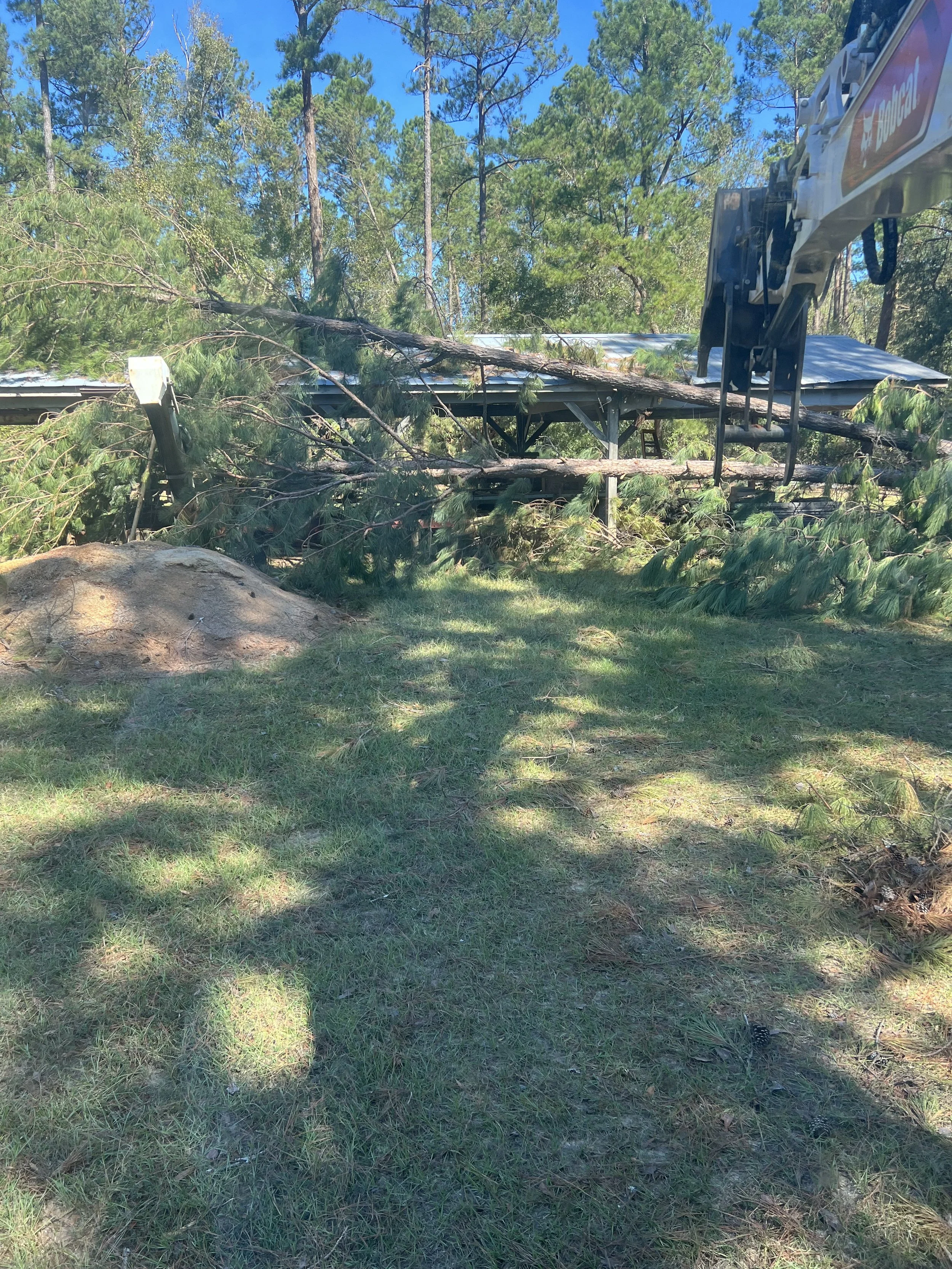 Tree fallen on metal roof after storm, with a large crane nearby in a wooded area.