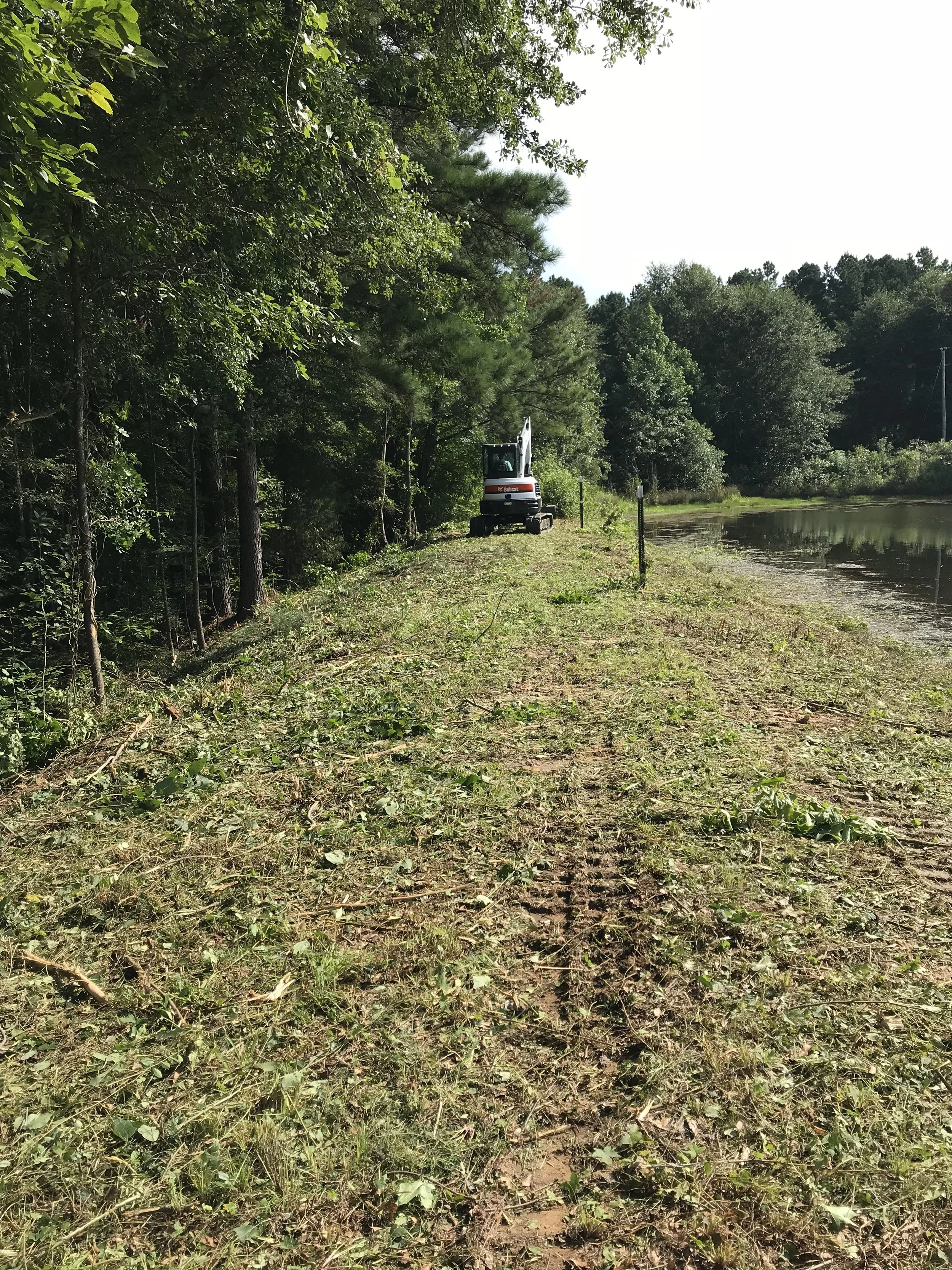 A small excavator parked on a grassy strip beside a body of water, with trees and bushes on the other side.