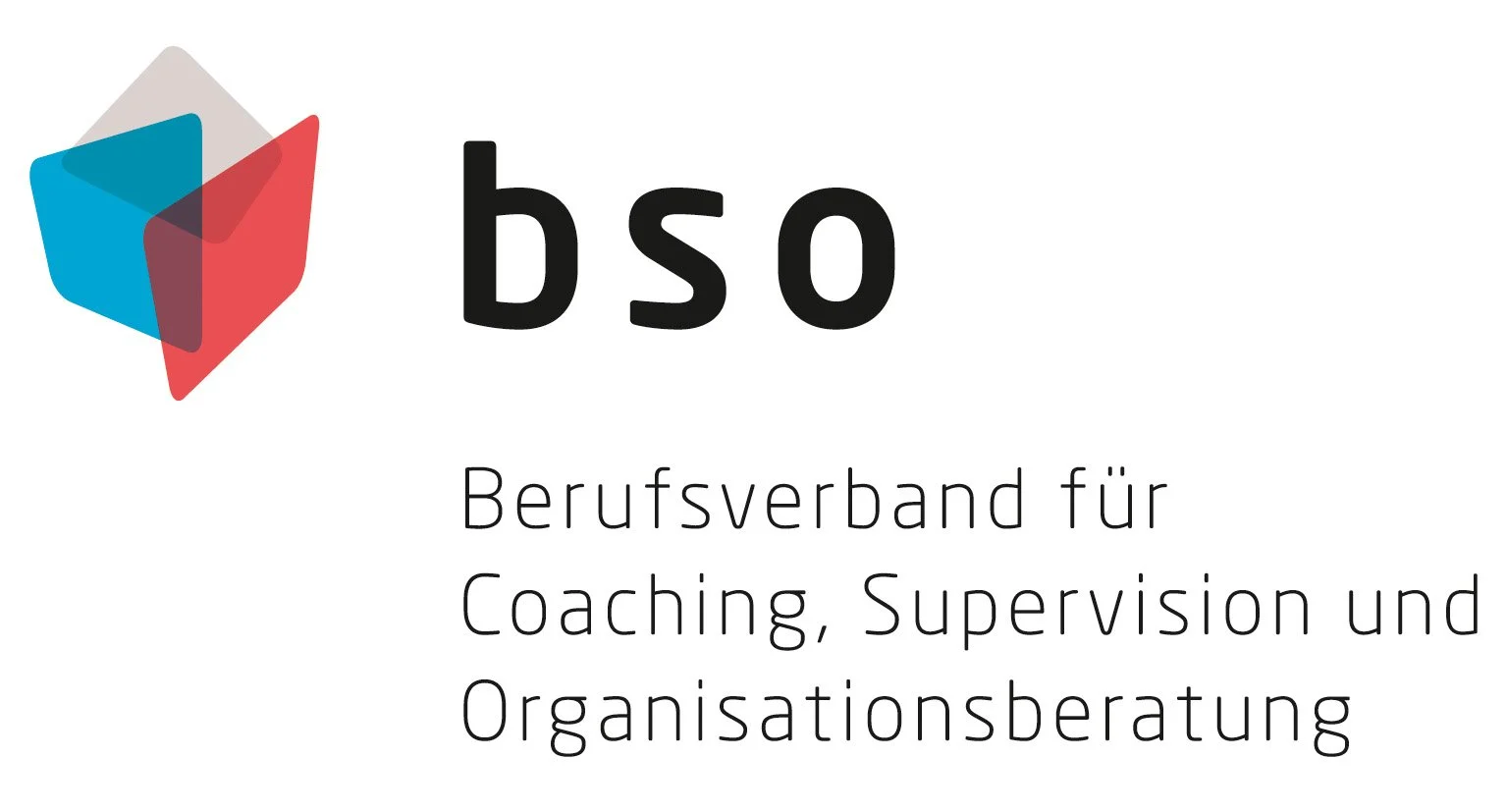 Logo des Berufsverbands für Coaching, Supervision und Organisationsberatung, bestehend aus drei überlappenden geometrischen Formen in Blau, Grau und Rot, daneben der Schriftzug 'bso' und der Text 'Berufsverband für Coaching, Supervision und Organisationsberatung'.