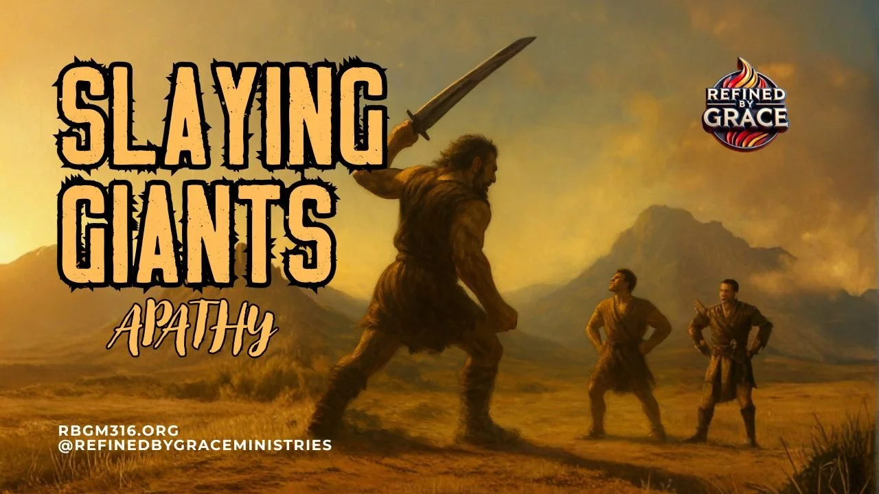 Artwork showing a giant holding a sword and three smaller warriors in a field at sunset, with mountains in the background. Text overlays read 'Slaying Giants: Apathy' and a logo for Refined by Grace.
