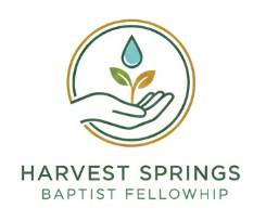 Logo of Harvest Springs Baptist Fellowship featuring a hand holding a plant with a water drop above it.