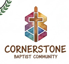Logo of Cornerstone Baptist Community featuring a colorful cross with a geometric design and a green leaf in the upper left corner.