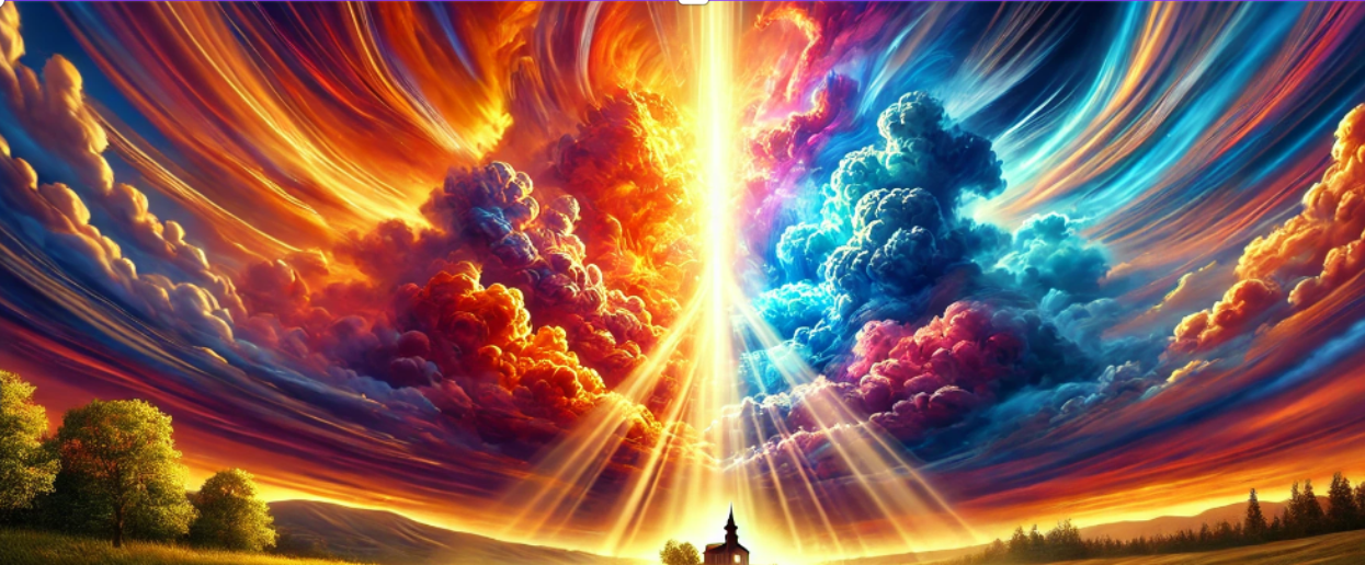 A dramatic, colorful sky with swirling clouds and bright rays of sunlight over a landscape with trees and a small building.