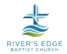 Logo for River's Edge Baptist Church with a blue cross, waves, and water elements.