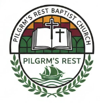 Logo of Pilgrim's Rest Baptist Church featuring a church building with crosses, an open Bible, a ship, and laurel branches.