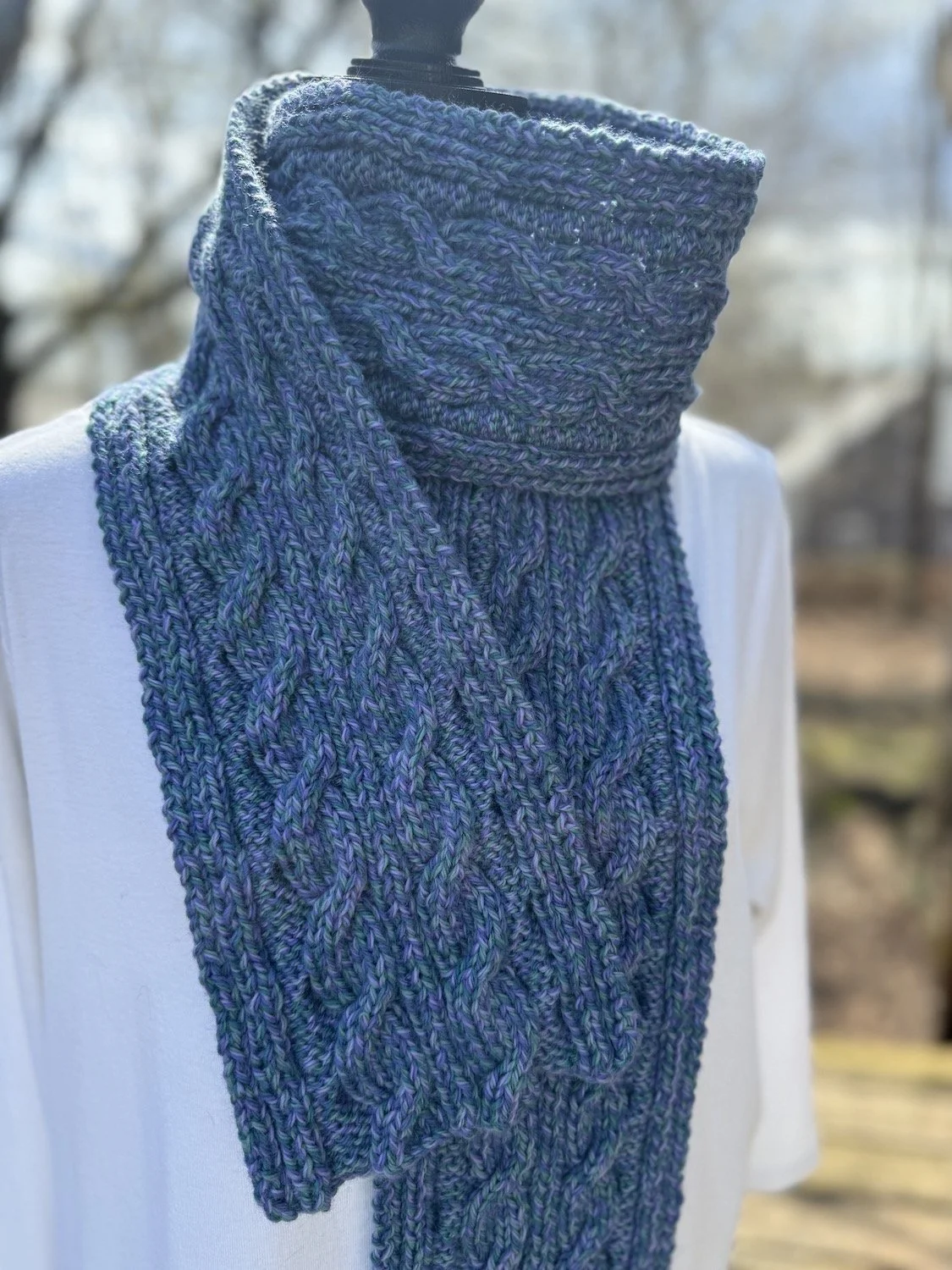 Blue Cabled Scarf hand-knit in merino wool-measures 68"x5"-2.jpg