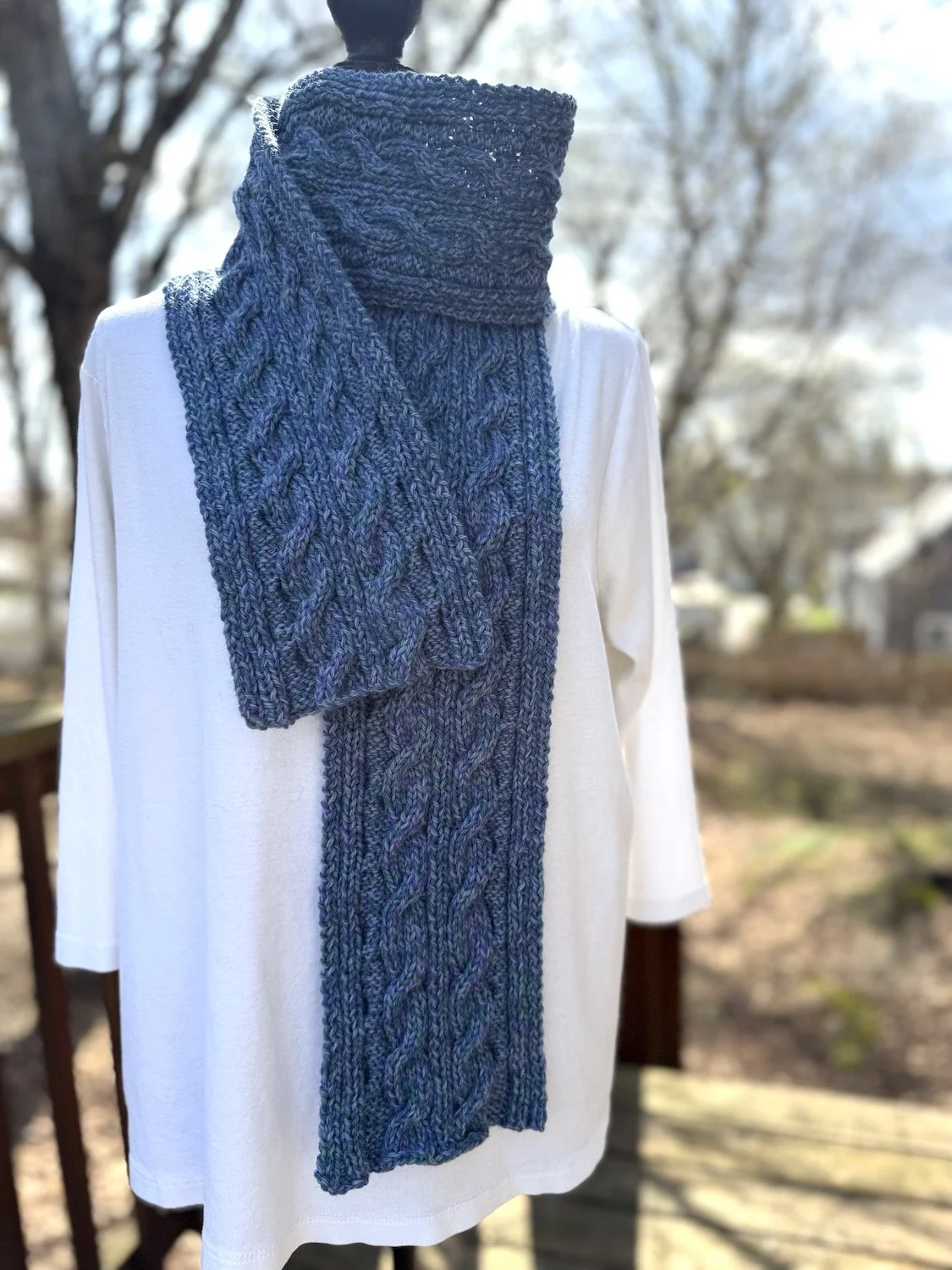 Blue Cabled Scarf hand-knit in merino wool-measures 68"x5"-1.jpg.jpg