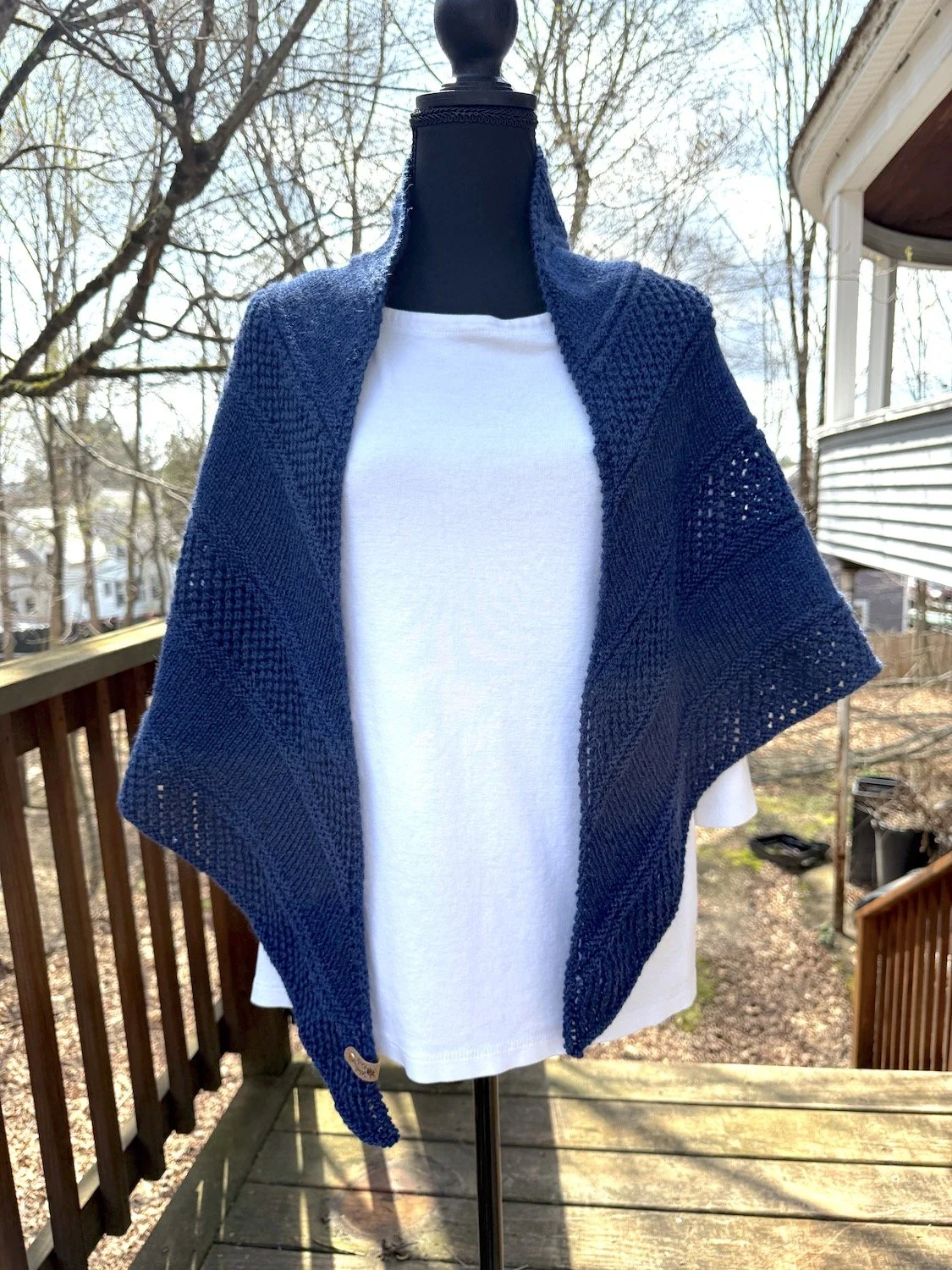 Layers and Lace Shawl - Handknit in blue heathered merino.JPG