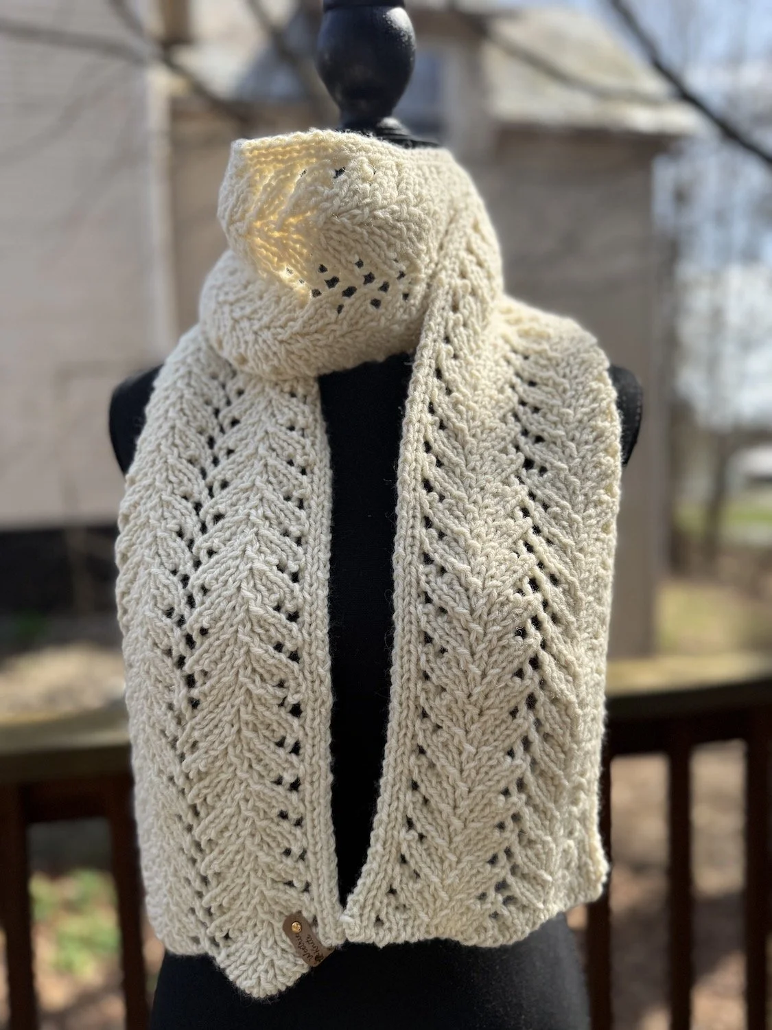 Handknit Ivory Reversable Lace Scarf 64"X60".jpg