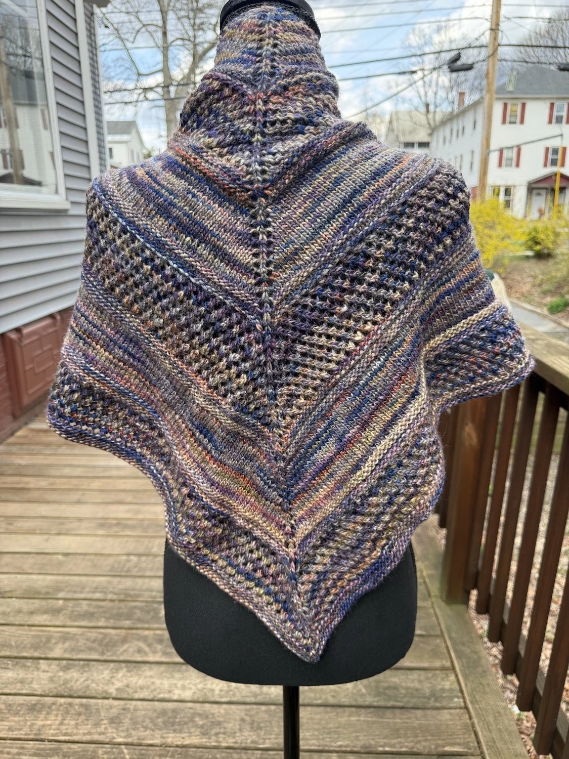 Layers and Lace Shawl handknit in browns and blue tones.JPG