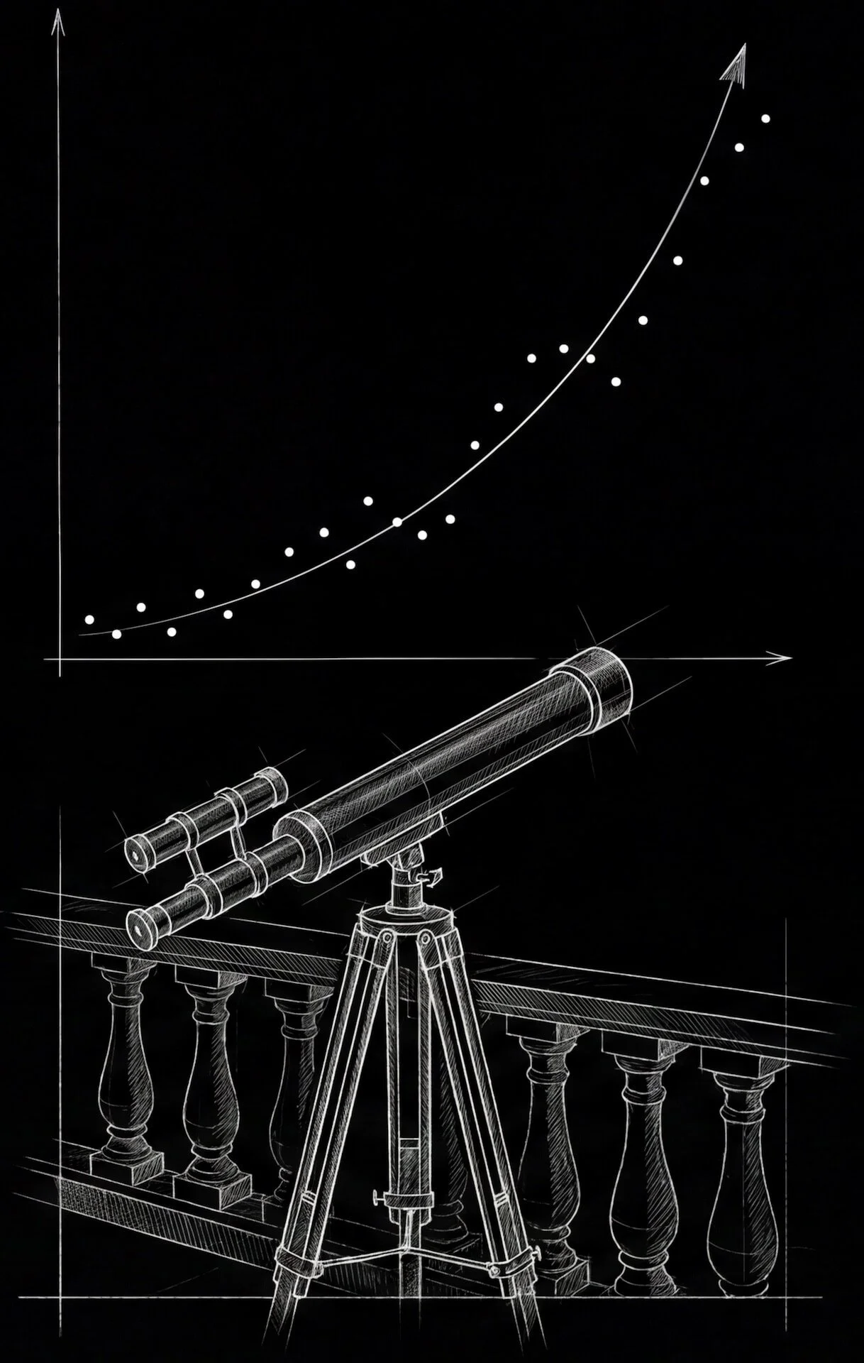 Zeichnung eines Teleskops auf einem Stativ vor einem schwarzen Hintergrund. Im oberen Bereich Diagramm mit Kurve und Datenpunkten. Symbol für die Hotel Mission AI Hotel KI Beratung im Bereich Hotellerie-Forecasts.